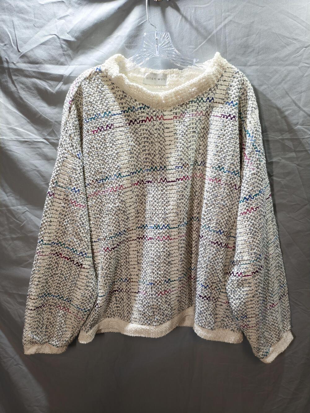 Allen Wah Sweater Mens Large White Gray Multicolor Chunky Knit Crewneck Pullover